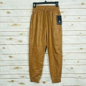 Bagatelle Women Faux Leather Joggers Camel Tan Elastic Waist Drawstring Size XS
